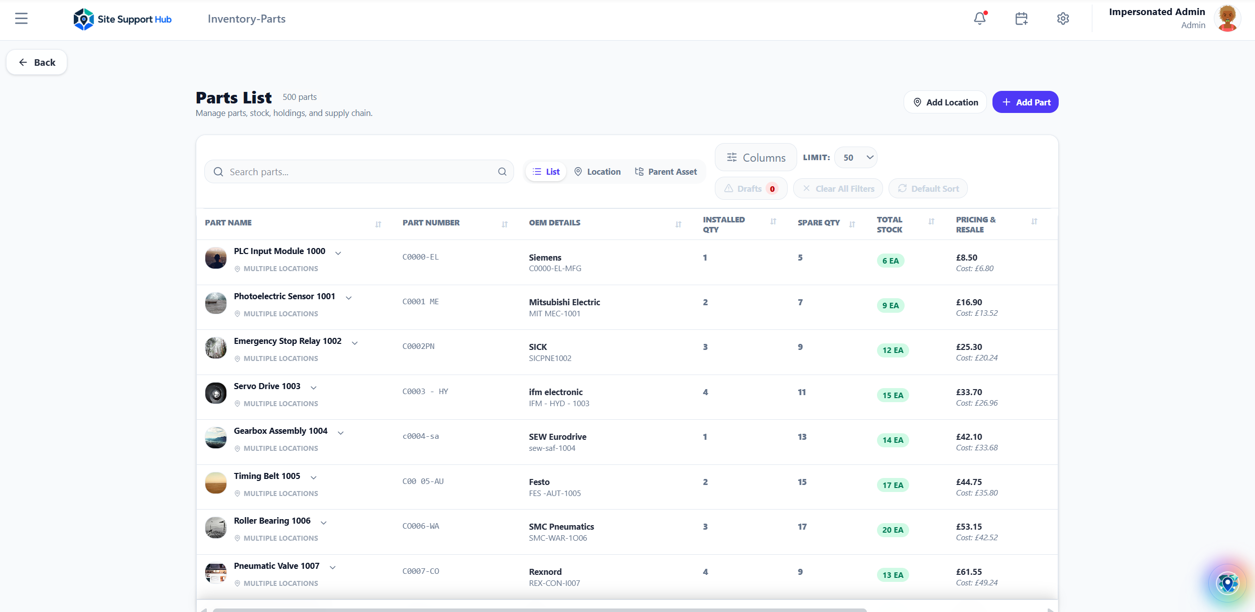 Inventory management with parts, locations and cost