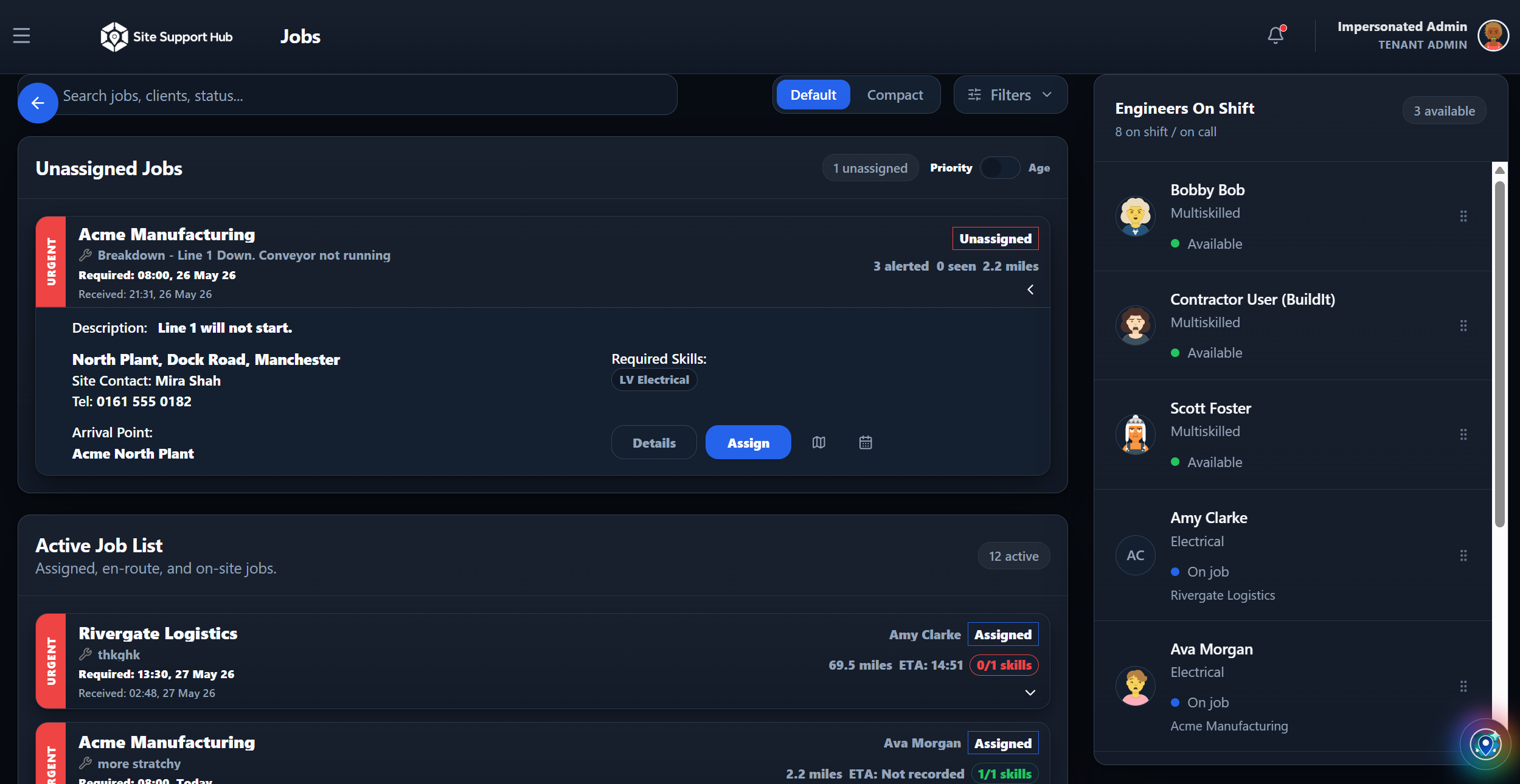 Dispatch job list with live status
