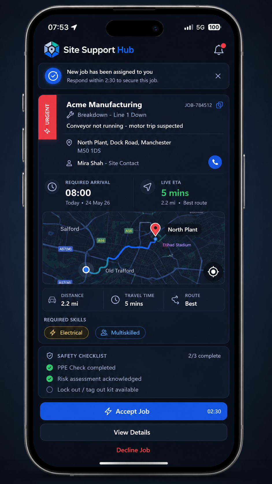 Engineer mobile app with a dispatched job