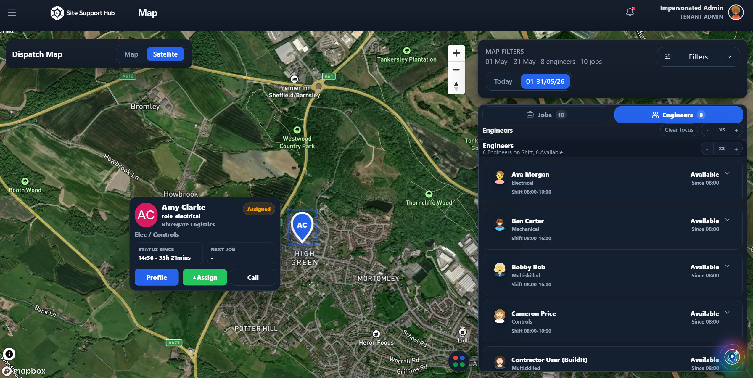 Live dispatch satellite map with engineers and jobs