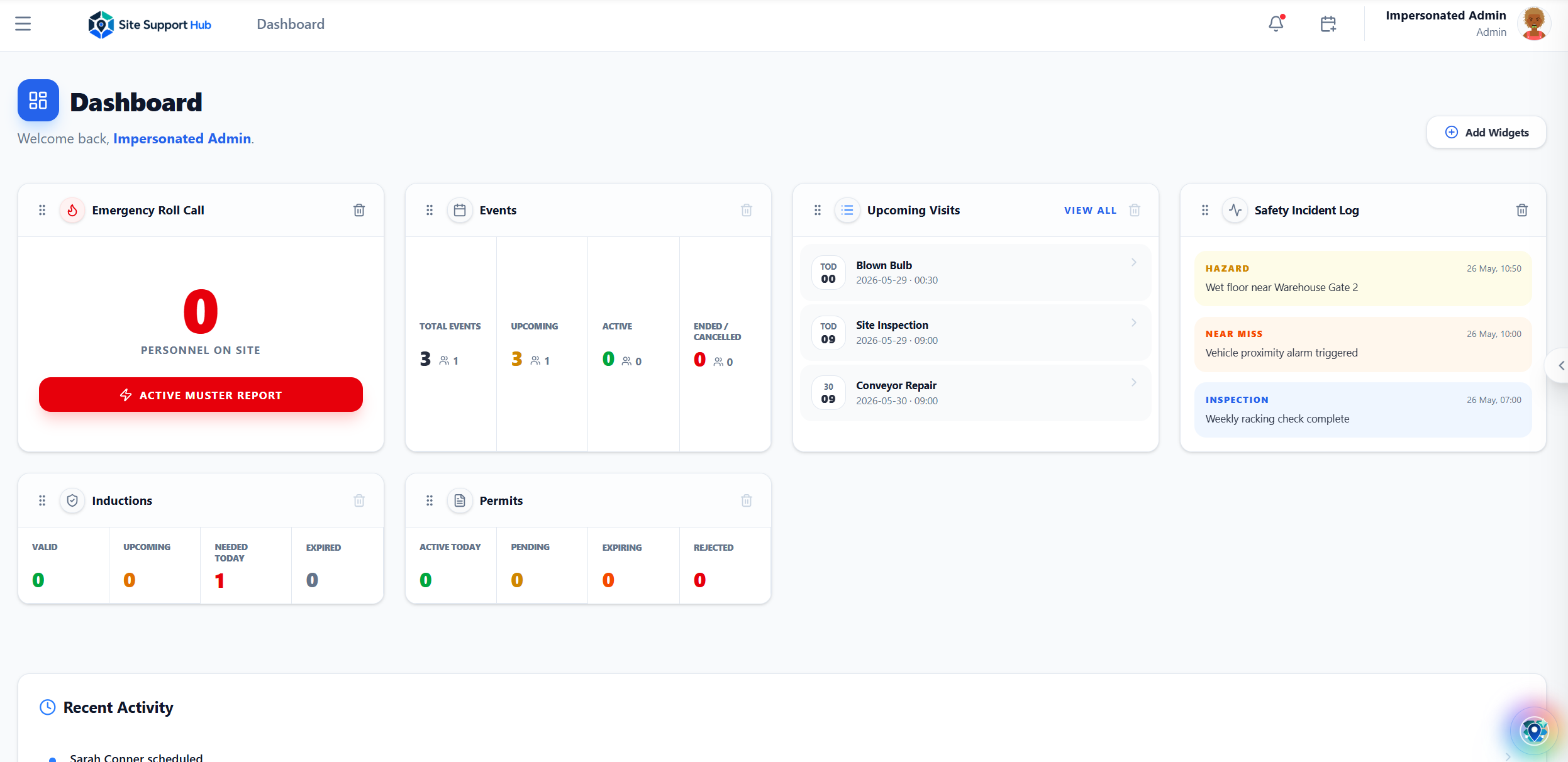 Site Support Hub site operations dashboard with roll call, events, visits and safety log