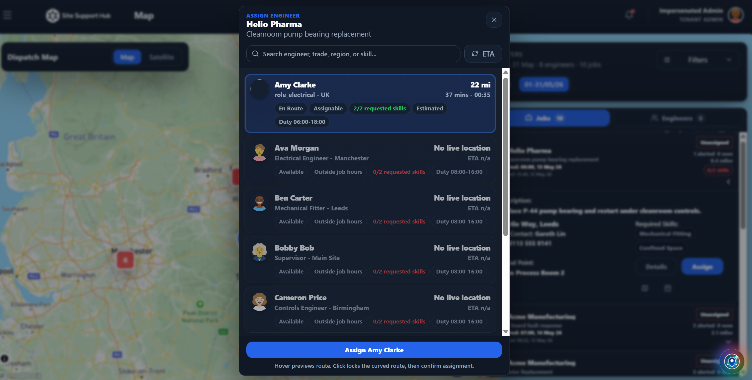 Skill matching engineer assignment screen